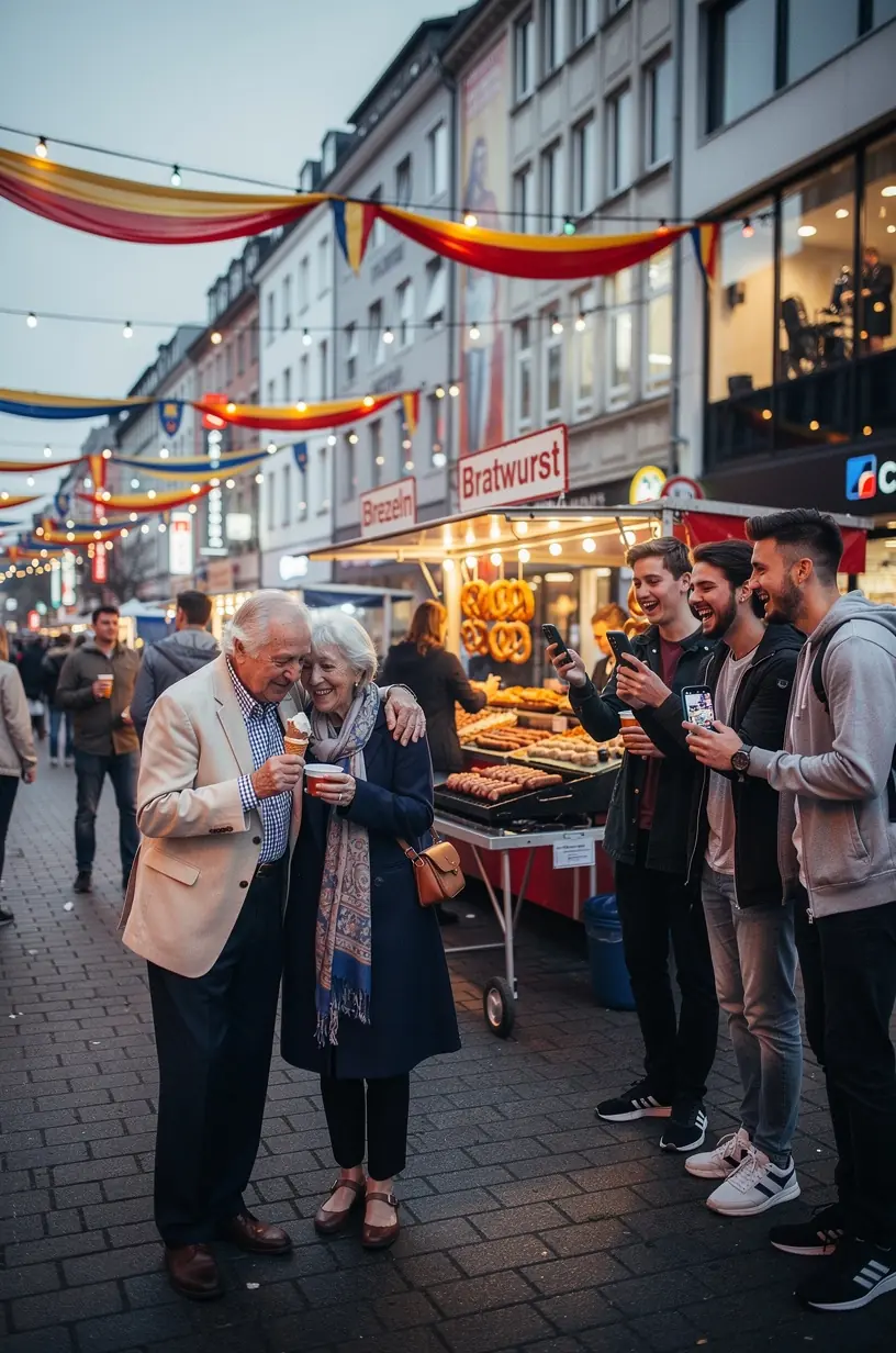 Reisende, die mit Kopfhörern an einer geführten Audiotour durch eine deutsche Altstadt teilnehmen.