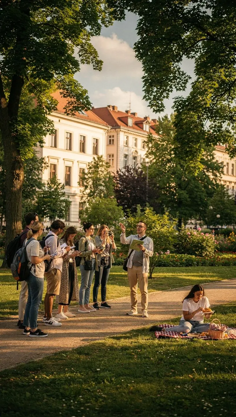 Geführte Stadttour mit Reiseführer, der einer Gruppe von Touristen interessante Geschichten erzählt.